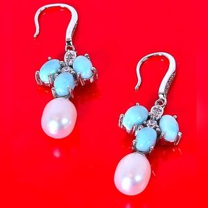 Natural Oval Larimar & Mother of Pearl 925 Sterling Silver Earrings
